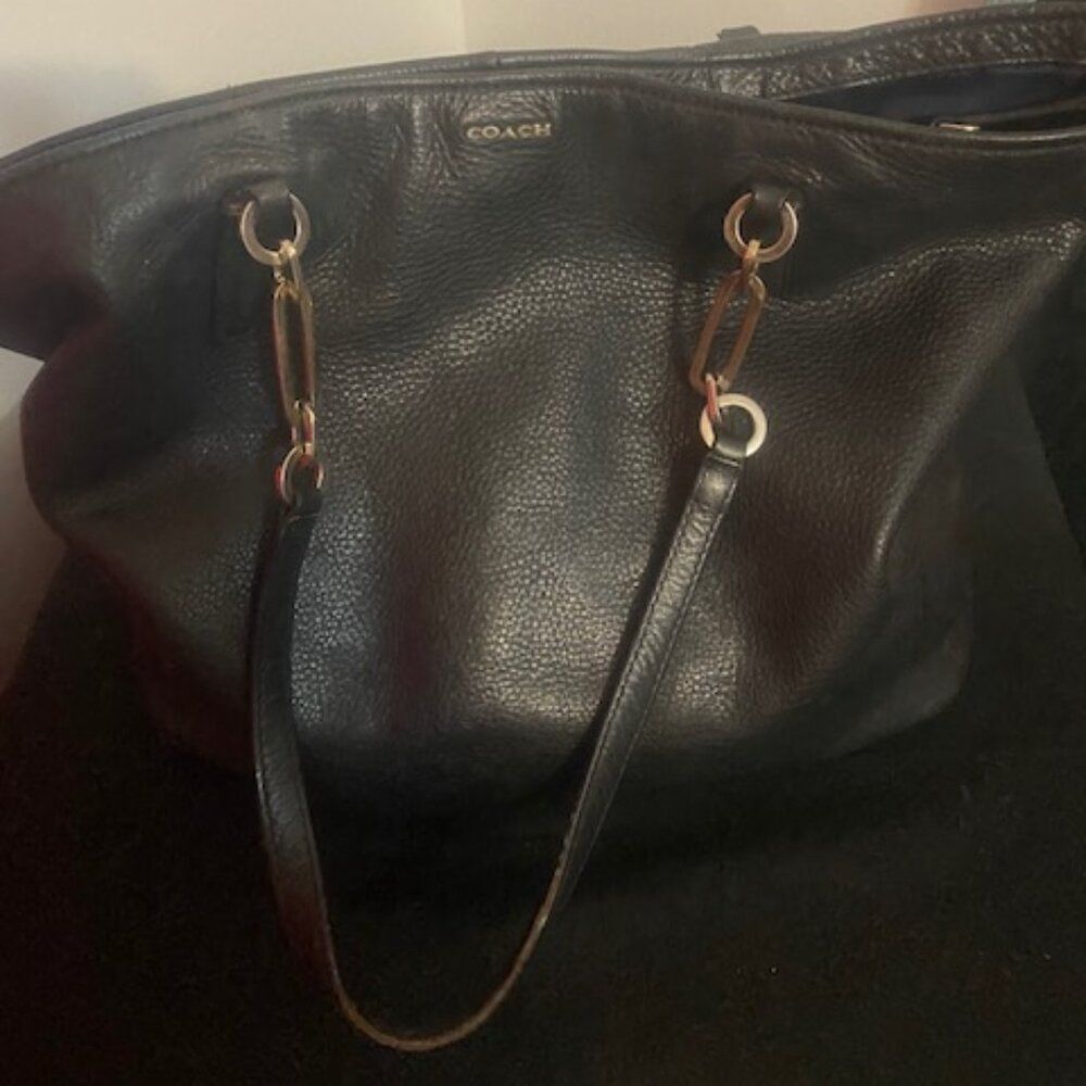 Coach Black Leather Tote with Gold Chain Accents - Picture 3 of 16